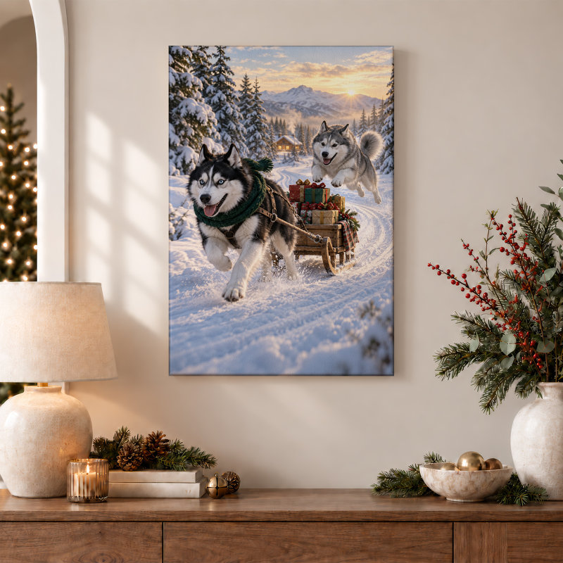 Black And White Huskies Pulling Gift Sled Through Christmas Canvas Wall Art, H 18 po x l 12 po
