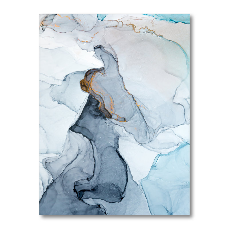 Gris et bleu marbré art ondulations - art mural moderne sur toile, H 20 po x l 12 po x P 1 po, Toile tendue