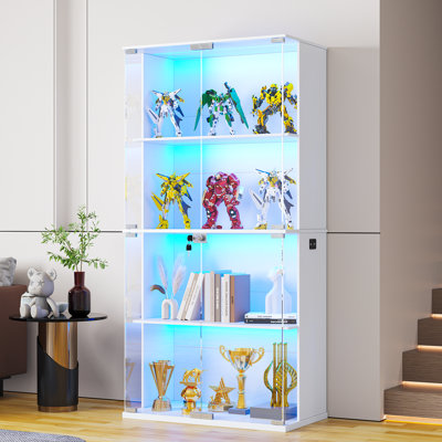 Display Cabinet With Glass Doors, 66" Lighted Display Case With 3 Color Lights, 4-tier Bookcase With Human Body Sensor