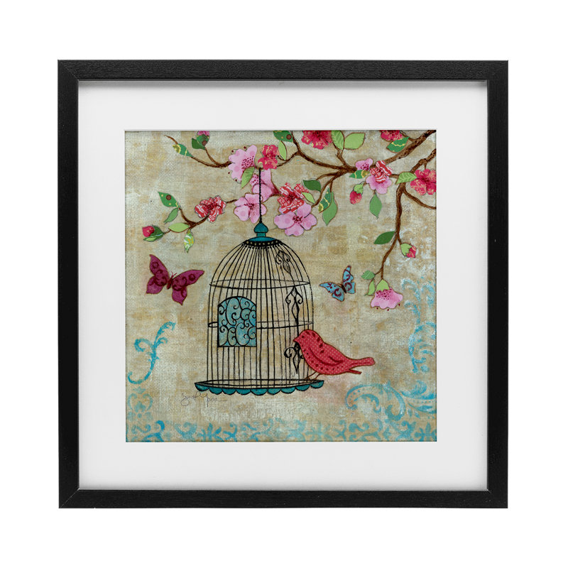 «Spring Fling Bird Scene», reproduction imprimée sous verre, par Janet Tava, H 13 po x l 13 po, Cadre noir minuit