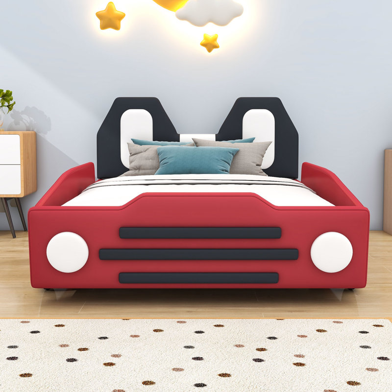 Himke Twin Car-Shaped Bed with Wheels, Dark Red