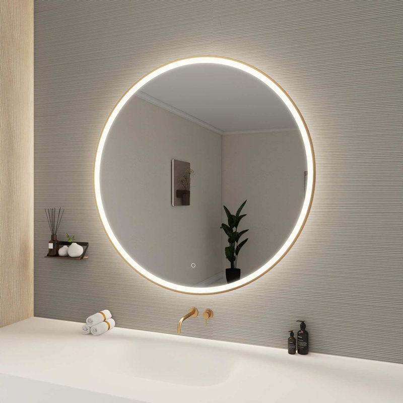 45 Round LED Front and Backlit Wall Mirror in Satin Gold, 45" x 45", Satin Gold