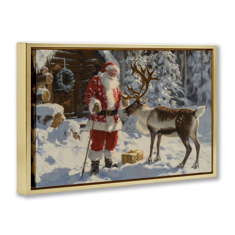 Père Noël avec une scène de renne par Imagine It Images, Cadre flottant métallique doré, H 17 po x l 25 po x P 1,7 po