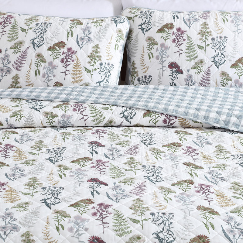 King White Cotton Reversible Quilt Set with Floral Print