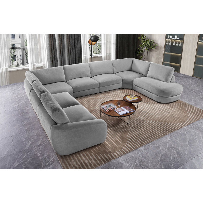 Upholstered Two-color Chenille 7-piece Large Corner Sectional, Slope-Armrest & Curved Chaise, Dark Gray Chenille