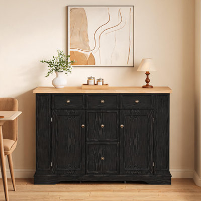 Black Sideboard Buffet Cabinet with Storage, Kitchen Console Table Featuring 5 Drawers & 2 Cabinets, Adjustable Shelves Storage Buffet Server for Dining Room Living Room Entryway