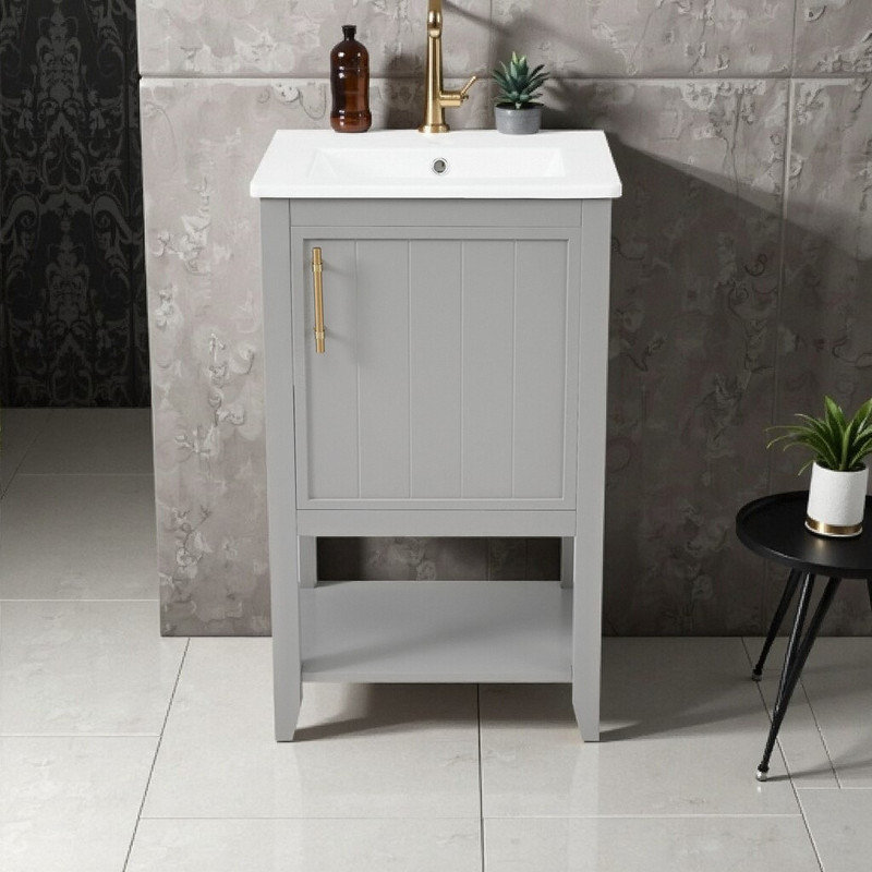 Élégant meuble-lavabo autoportant de 20 po avec lavabo en céramique et grand rangement, Gris