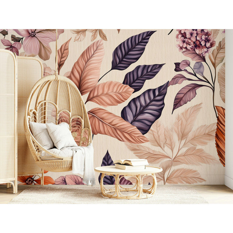 Murale rétro à grandes feuilles botanique, L 108 po x l 140 po