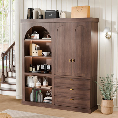 70" Tall Arched Storage Cabinet With LED Display Shelves, Modern Wood Wardrobe With Drawers & Doors, Multi-Purpose Arched Cabinet For Living Room & Be