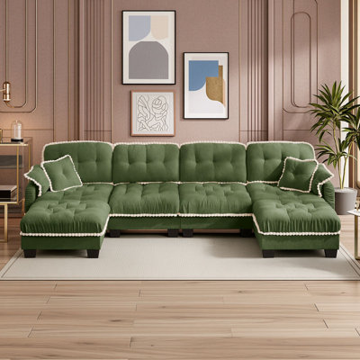 Chenille Upholstered Sofa with Tufted Cushions, Pom-Pom Trim, Two Movable Ottoman and Matching Pillows