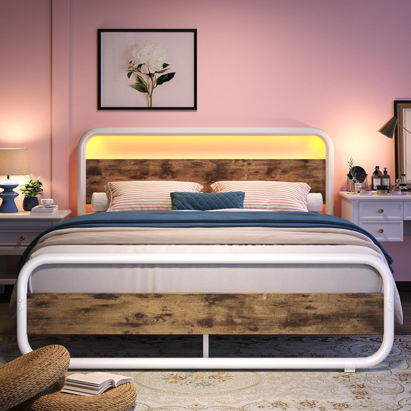 Metal  Bed Frame with LED Headboard and Footboard, Rustic Industrial Heavy Duty Wooden Platform Bed Frame with Under Bed Storage, Noise Free, No Box Spring Needed
