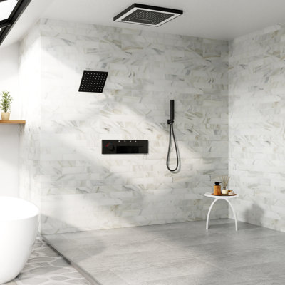Système de douche thermostatique à DEL de 16 po avec application et télécommande, musique et douche à main