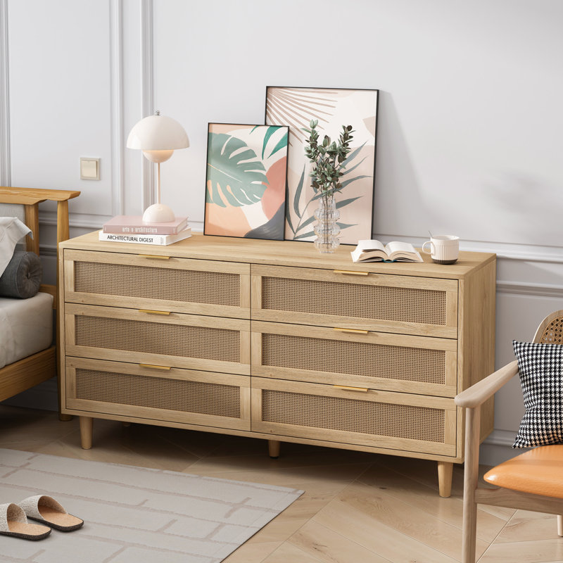 6-Drawers Rattan Storage Cabinet Rattan Drawer, Natural, 29.53" H x 59.06" W x 15.75" D