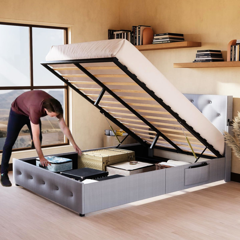 Queen Size Bed Frame Storage - Sleek Look, Hydraulic Lift Feature, Practical Design In Contemporary Style, Effortless Assembly