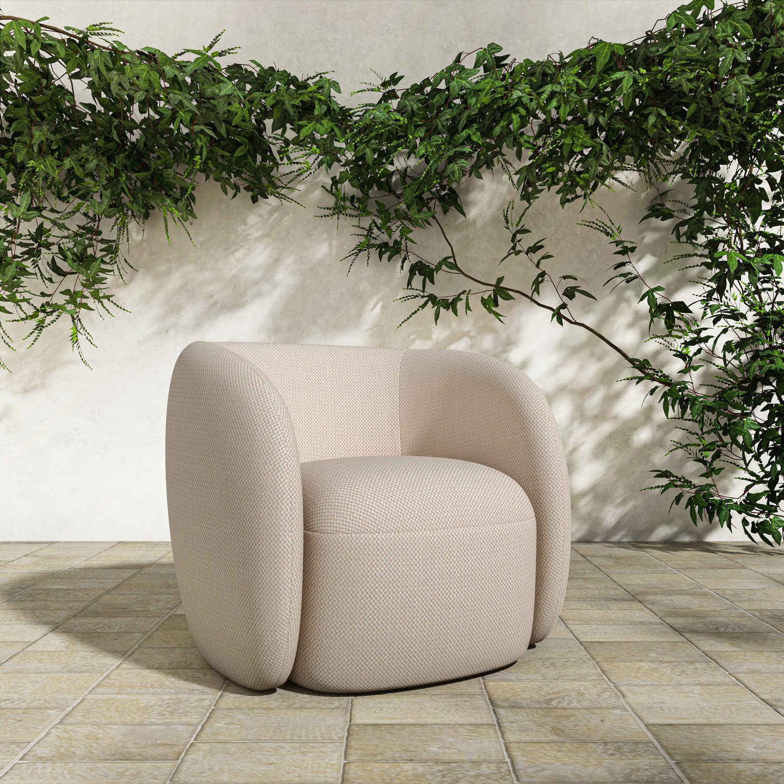 Millen Outdoor Barrel Chair, Beige Performance Basketweave