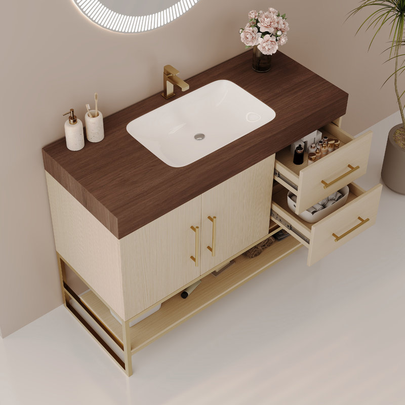 Meuble-lavabo autoportant Modern Modern, Or, bois, Noyer, blanc