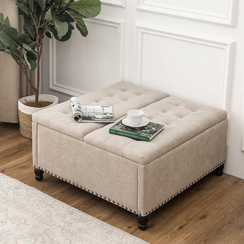 34-Inch Square Storage Ottoman Bench For Bedroom, Camel
