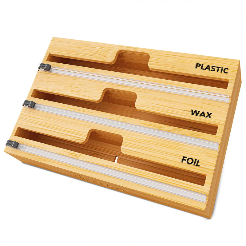 Organisateur 3 en 1 avec coupe et étiquettes, emballage en plastique, papier d'aluminium et distributeur de cire de bambou pour rangement de cuisine Support pour rouleau de 12 po (naturel)