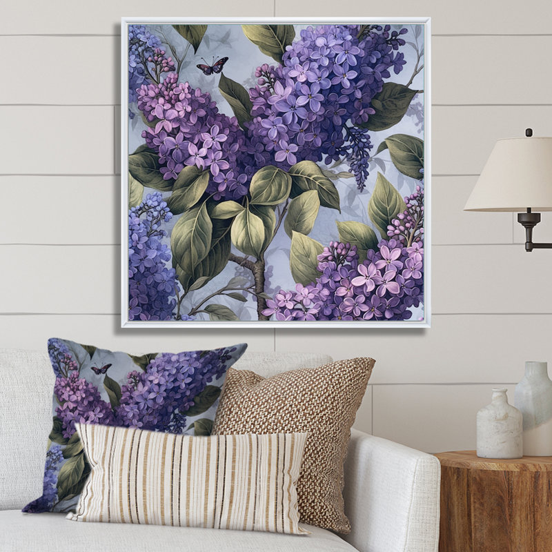 «Lilacs mauves parfumés II», reproduction sur toile, H 30 po x l 30 po x P 1 po, Cadre flottant blanc
