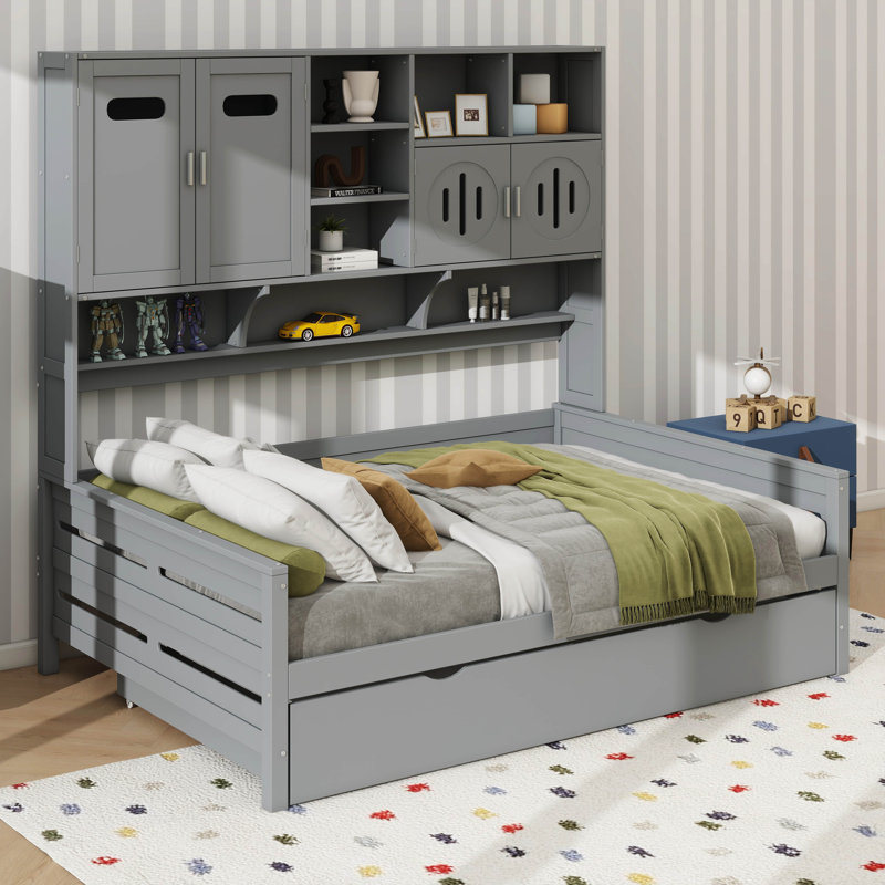 Lit de jour simple en bois avec lit gigogne escamotable et armoire de rangement intégrée, Gris