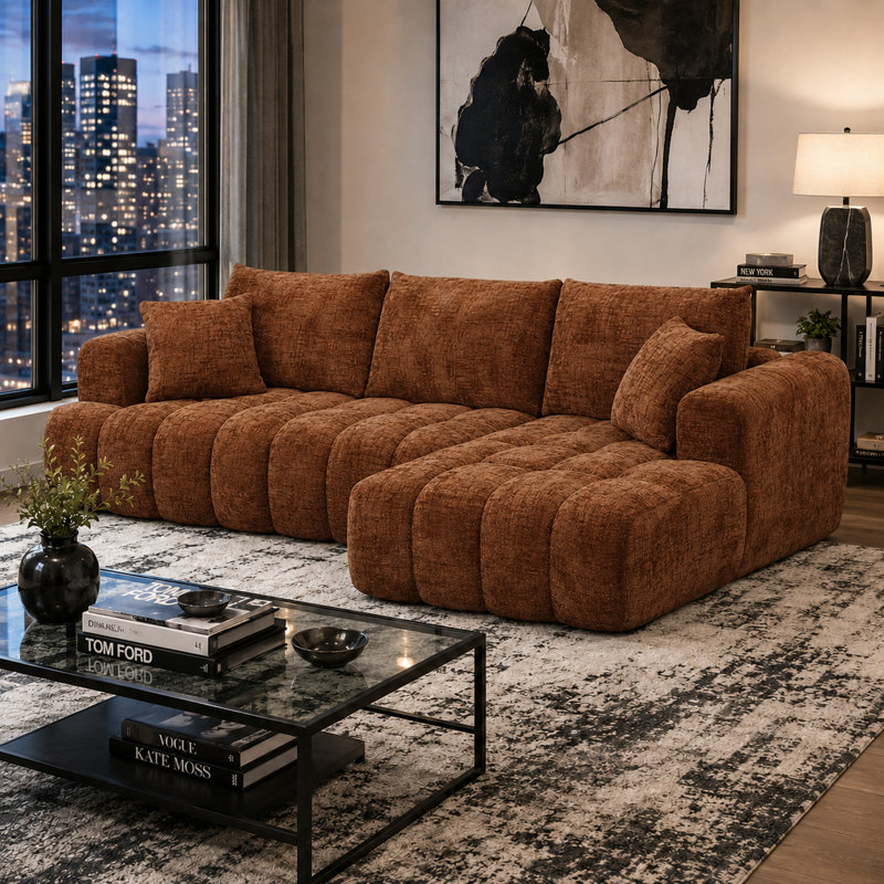 Canapé modulaire rembourré en L 3 pièces avec deux coussins Classic, Orienté à droite, Chenille orange