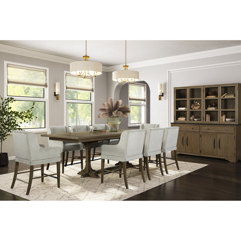 Table à tréteaux à hauteur de comptoir, couleur amande, extensible de 84 po à 114 po, largeur 44 po, hauteur 36 po, parquet géométrique, placages, 230,5 lb