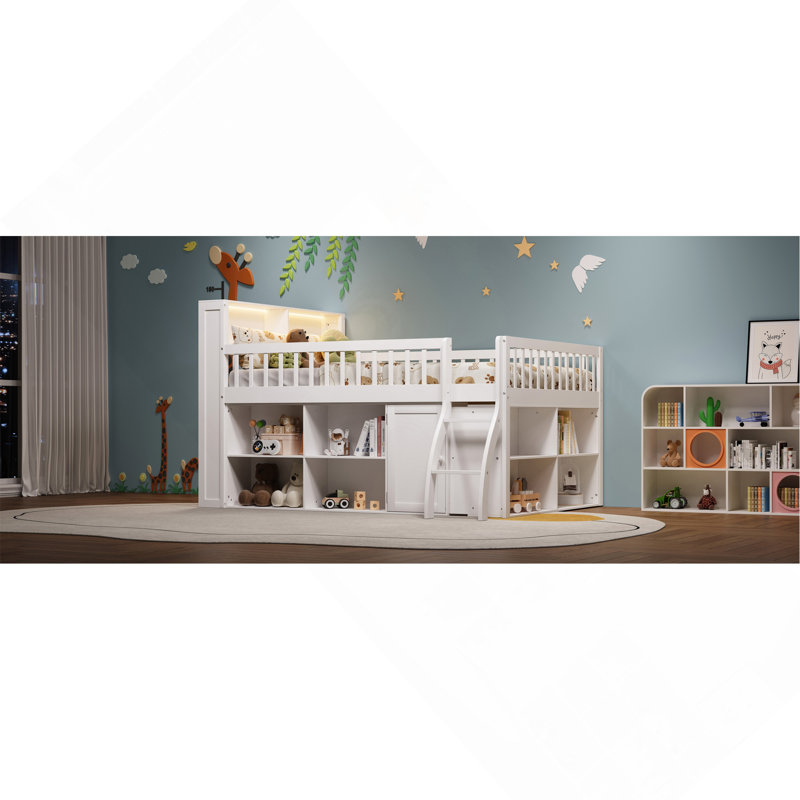 Lit mezzanine double avec rangement, tête de lit avec lumières DEL, blanc, Lit double, Blanc