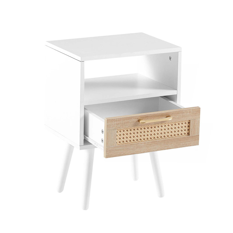 Table de bout en rotin de 15,75 po avec tiroir et pieds en bois massif, table de chevet moderne, table d'appoint pour le salon et la chambre à coucher