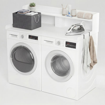 2-Tier Washer Dryer Countertop with Power Outlet, LED Lights, Foldable Storage Basket, 2 Hooks
