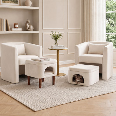 Upholstered Barrel Accent Chair With Storage Ottoman Built-In Pet Nook Set Of 2