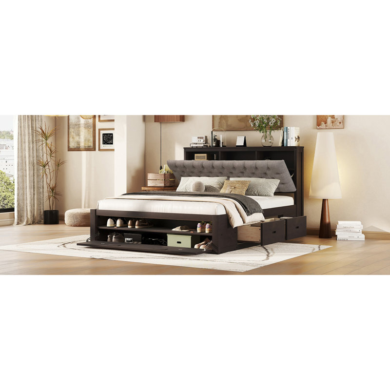 Grand lit plateforme en bois avec tête de lit, étagère à chaussures et 4 tiroirs, Espresso