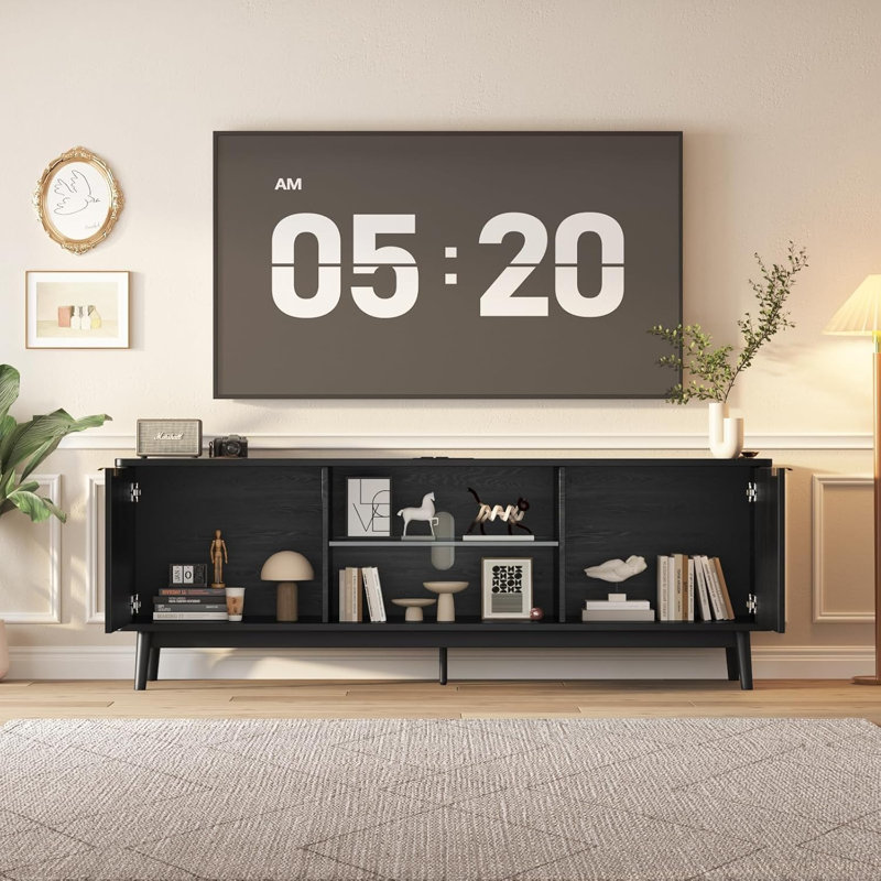 Meuble télé 63 po avec prises de courant, rangement et console réglable, Noir