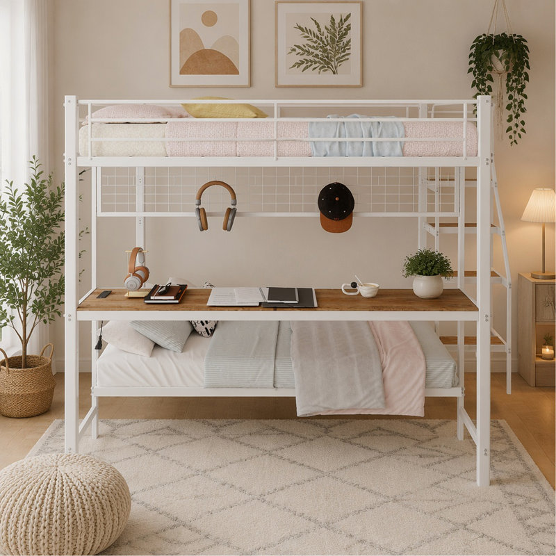 Lit superposé double en métal avec bureau intégré et éclairage à DEL - conception loft peu encombrante pour enfants et adolescents, structure robuste, assemblage facile, pour les chambres à coucher et les dortoirs - blanc