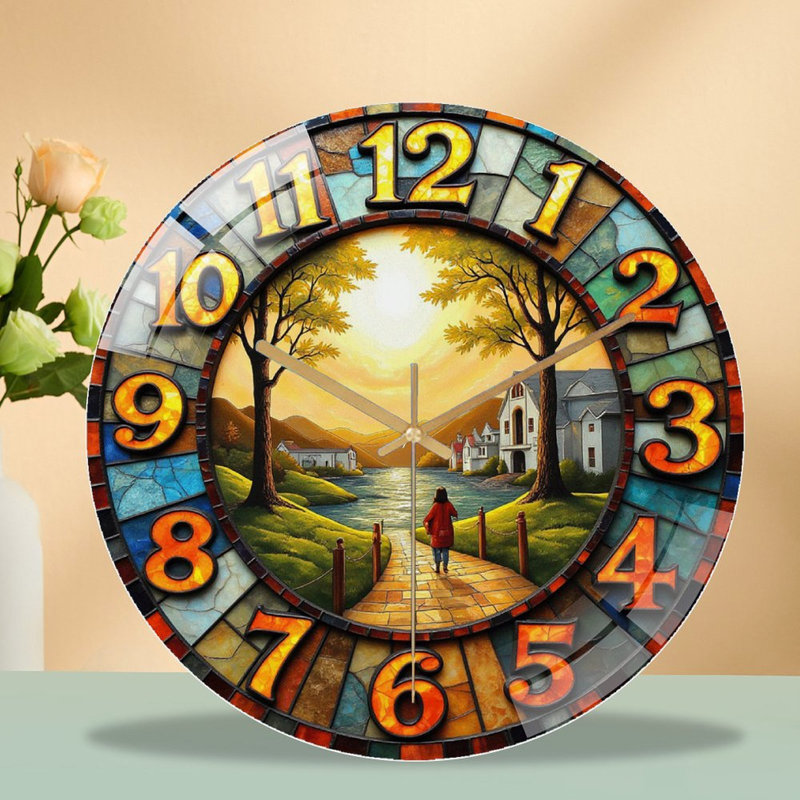 Horloge murale vitrail avec art de paysage - 12 po Horloge murale moderne en verre