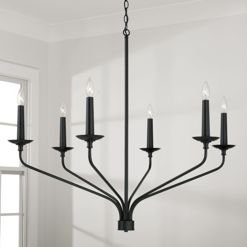 Matte Black 6-Light Candle Chandelier with Wooden Accents