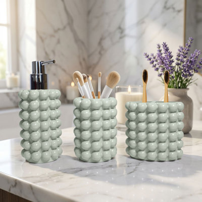 Bricen Bubble Textured 3-Piece Bathroom Accessories Set, Resin Soap Dispenser, Toothbrush Holder & Tumbler Cup for Bathroom Countertop, Dark Sage