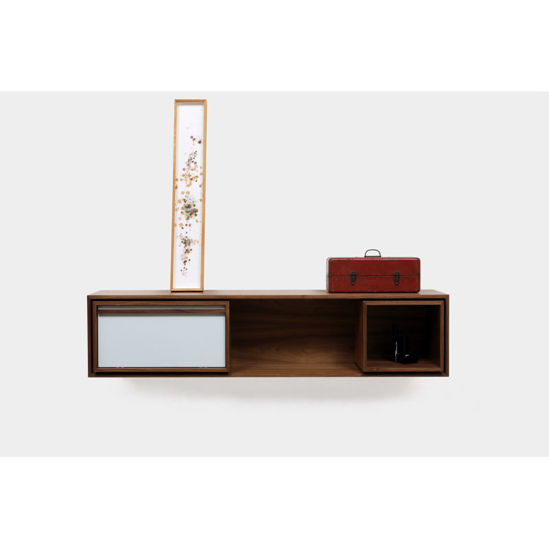 Low Units Walnut Recessed Wall Shelf with Drawer, Gray/Walnut, 22" H x 75.5" W x  16" D