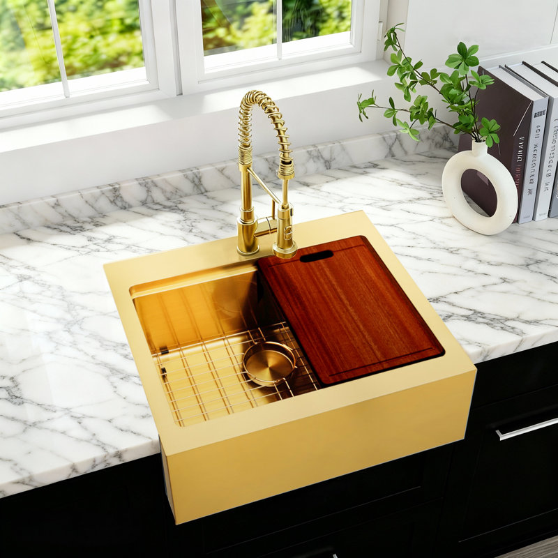 26" L X 22" W Large Farmhouse Kitchen Sink Single Bowl Stainless Steel Kitchen Sink Single Basin, Gold