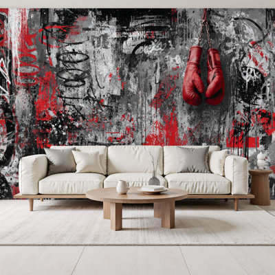 [style] Peel and Stick Wallpaper Graffiti Boxing Red Boxing Gloves Gym Sport Red Boxing Gloves Hanging Wall Murals 69"H x 96"W Removable PVC Wall Paper Self-Adhesive Wall Decor for Bedroom Living Room Home Office