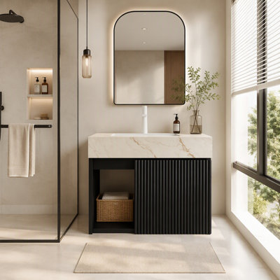 Ensemble de meuble-lavabo et lavabo flottant 24 po, meuble de rangement, dessus en pierre frittée veiné or crème, lavabo en céramique avec 1 trou de robinet pré-percé, ensemble sans robinet ni drain, couleur grain de bois noyer