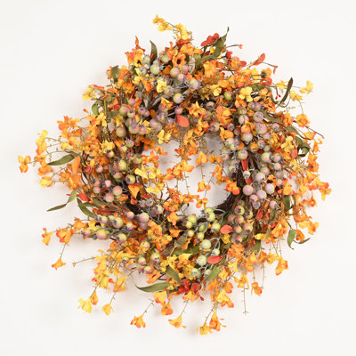 24" Artificial Fall Harvest Berry Blossom Cluster Autumn Wildflower Front Door Wreath Thanksgiving Decor