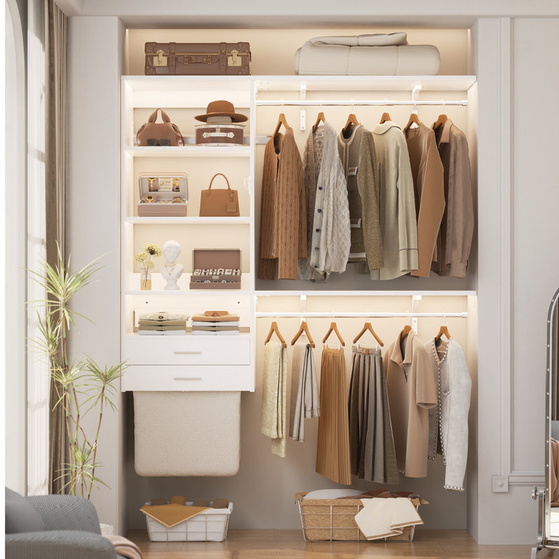 8FT Closet System with 2 Drawes and Fabric Bags, Wall Mounted Laundry Room Organizer, White