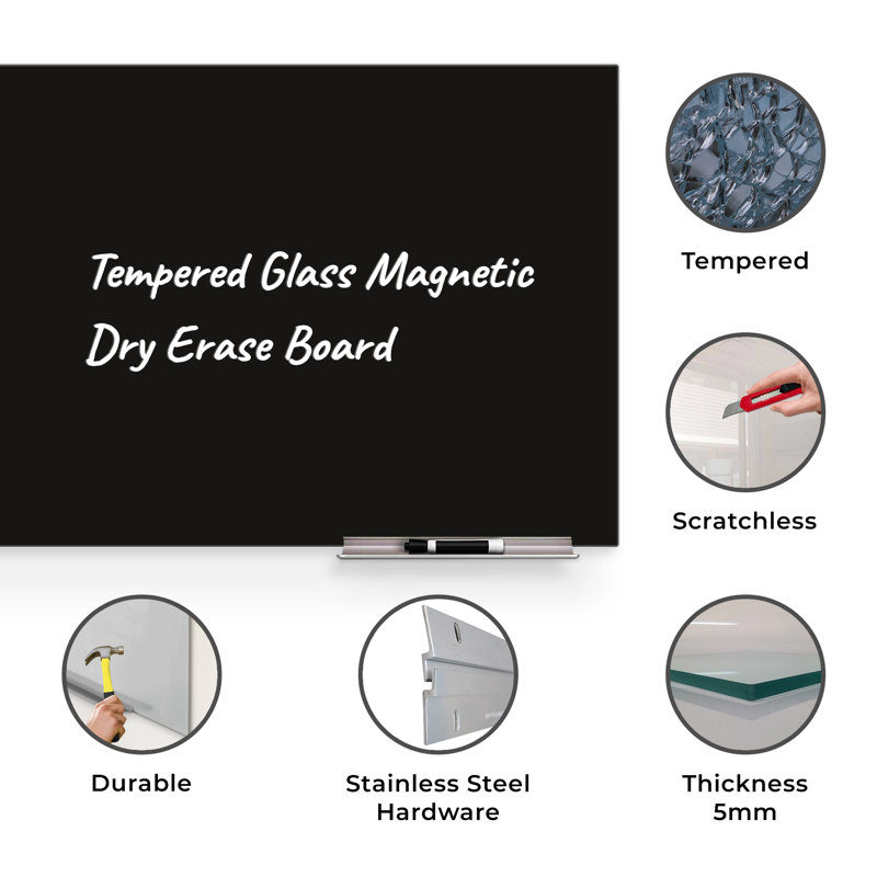 Tableau magnétique mural en verre Bojorquez, Noir, 36 po x 60 po
