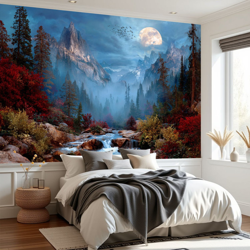 Papier peint adhésif à peler et coller Moon Night Forest Wonderland Glow Dark Trees Mountain River, L 96 po x l 69 po