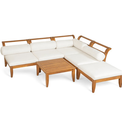 Wood Patio 6 - Piece , L Shaped Modular Sectional With Removable Cushion Covers, Convertible To Daybed, Tea Table, , For Outdoor Family Fun Furniture In Wood, Function, 5 Cushions And Lumbar Support