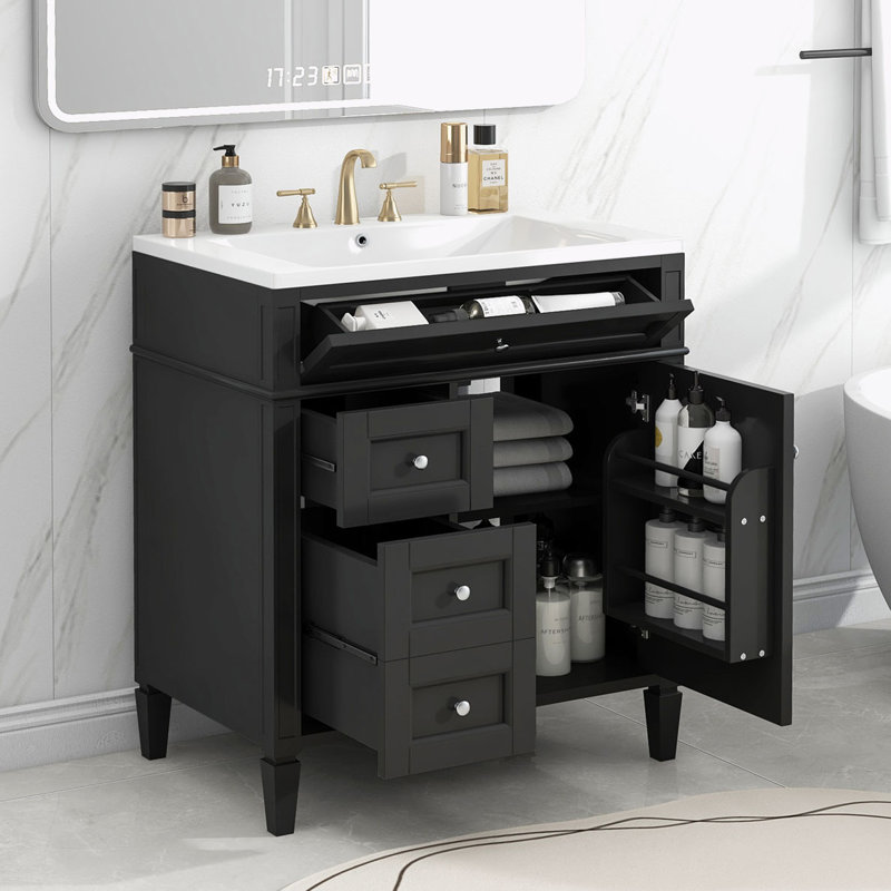Meuble-lavabo avec lavabo pour la salle de bain, Noir, Argent