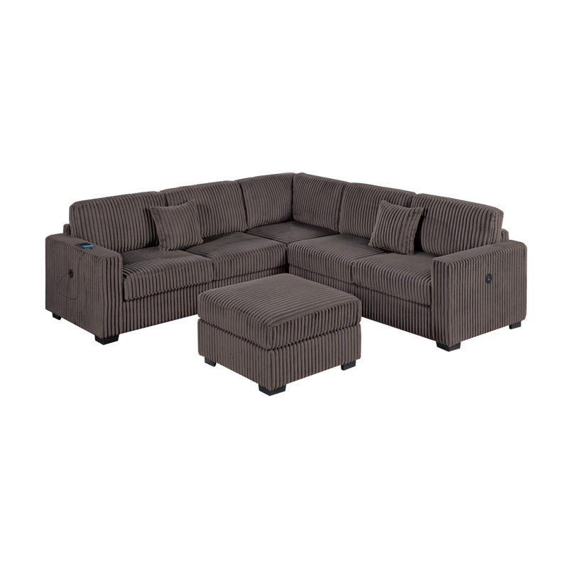 Modern Large Family Dark Gray Corduroy 6Pc Sectional Set Living Room One Arm Loveseat Wedge Console Armless Chair Couch Set