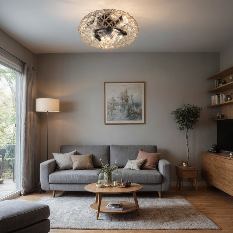 Ventilateur de plafond en corde de jute avec 4 ampoules, à intensité variable, 7 vitesses, moteur à courant continu réversible