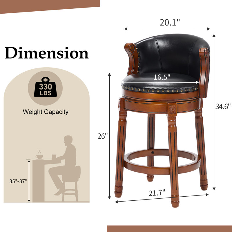 Swivel Bar Stool with Top-Grain Leather Seat, Soft Back, Rubber Wood Frame & Footrest for Kitchen, Dining, or Bar, Black