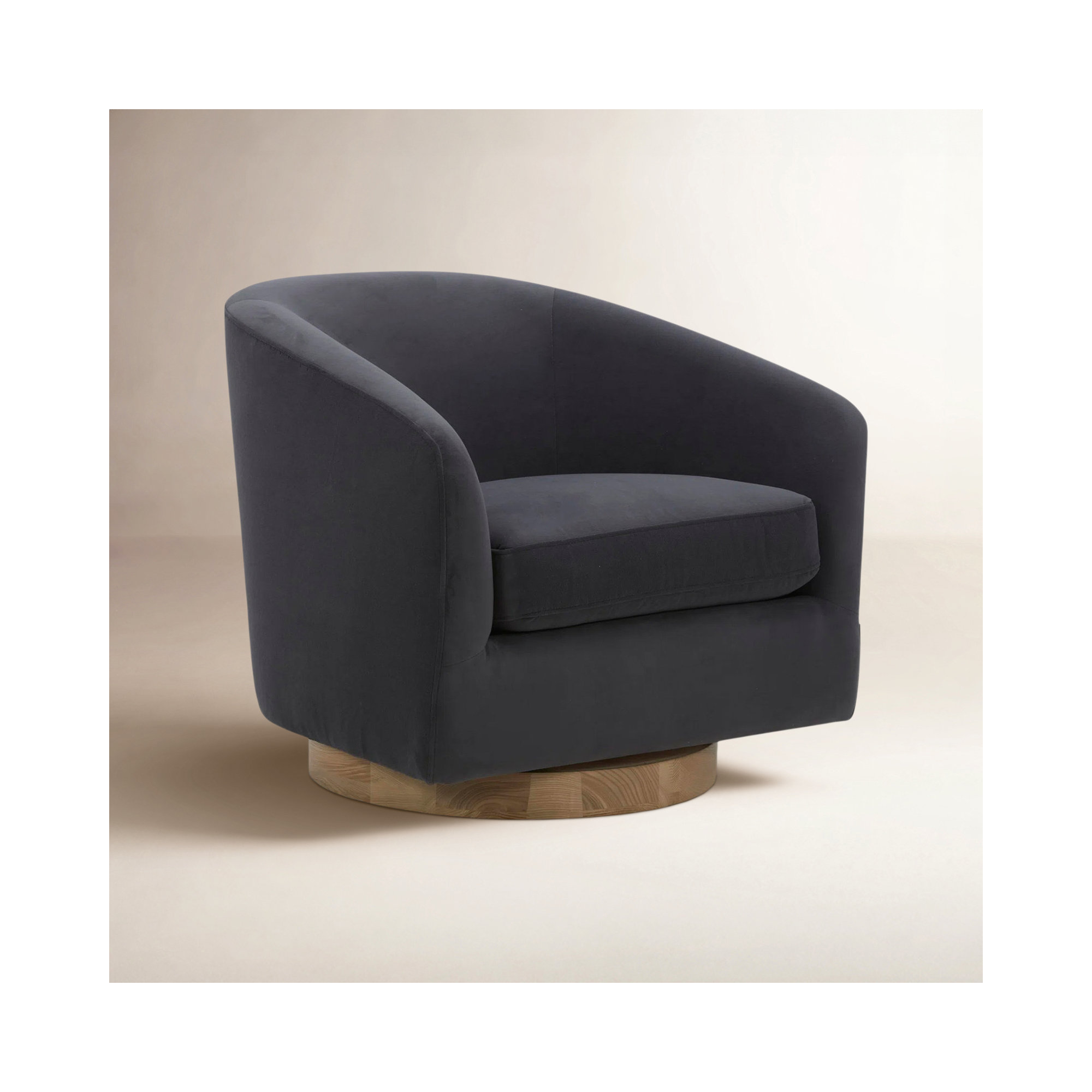 Bennett Upholstered Swivel Barrel Chair, Bella Asphalt Performance Velvet
